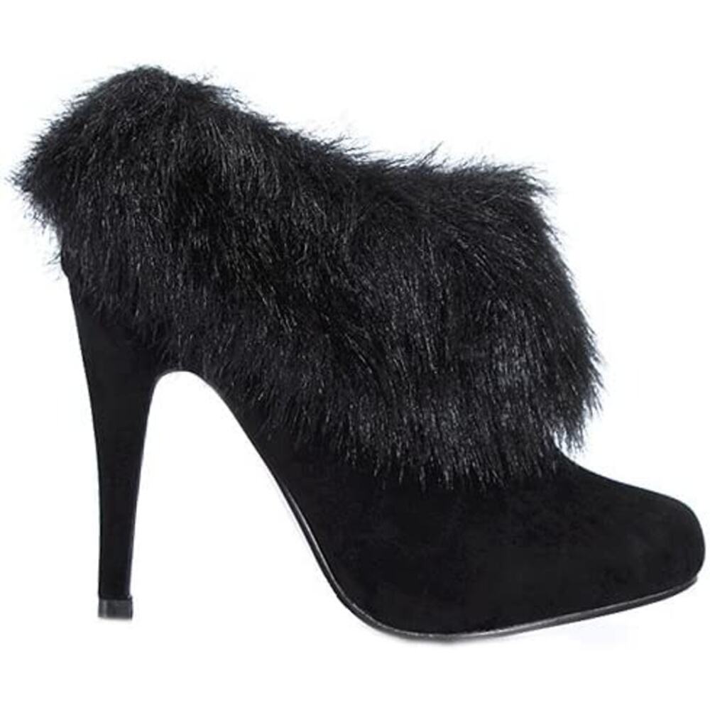 MIXX Shuz Rosa Ankle Booties Faux Fur Stiletto Suede 7.5 Black